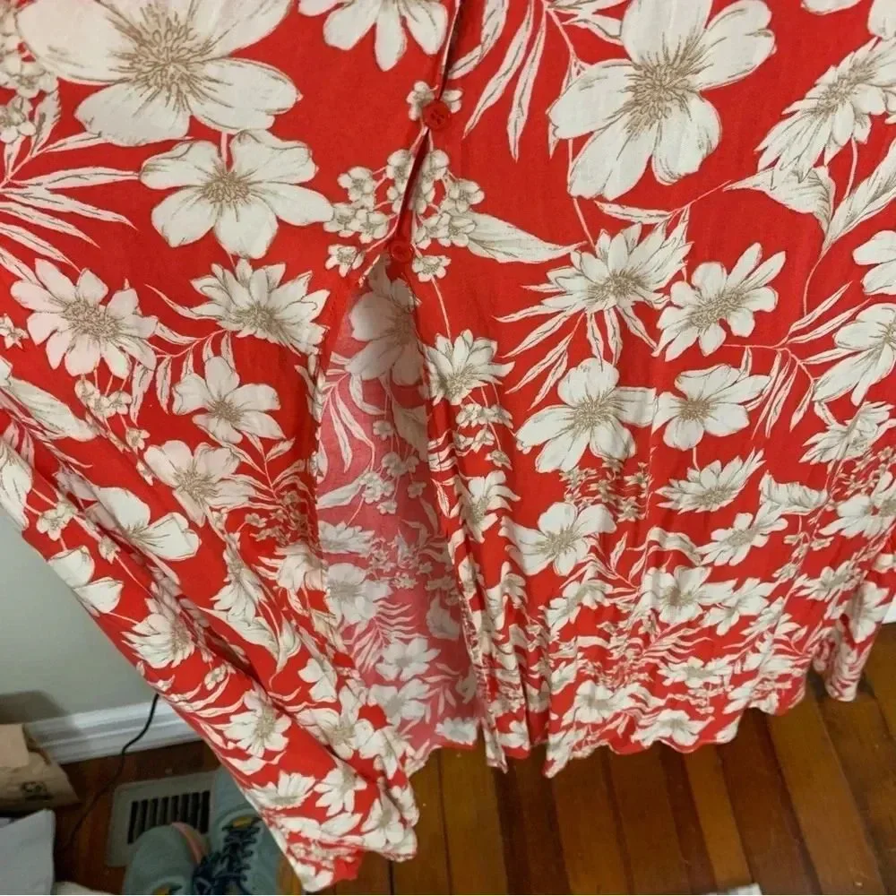 Floral Red Cream Button front ruffle Detail Long Dress with Slit Medium Boho - Picture 3 of 7